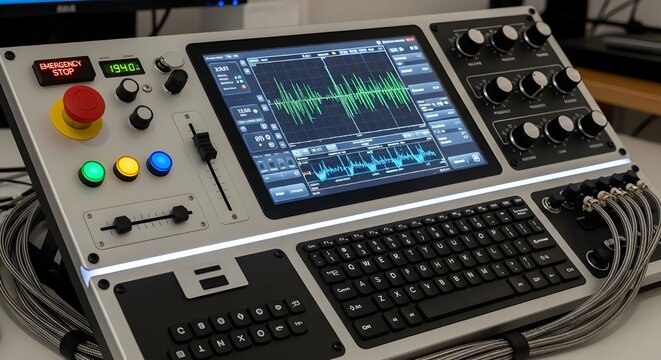 Advanced electronic control panel with digital display and multiple buttons and knobs