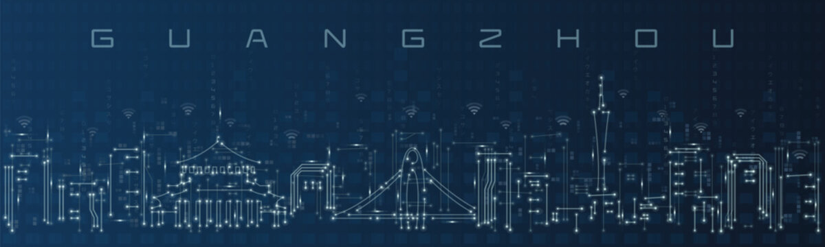 Guangzhou Smart City Skyline Vector in Circuit Board Style Futuristic Technology Background