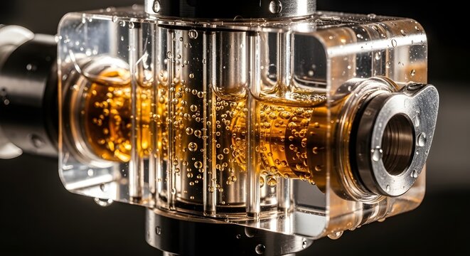 Close-up of a transparent industrial fluid flow meter with amber liquid and bubbles