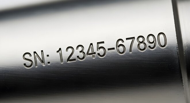 Close-up of a serial number engraved on a metallic surface, highlighting identification and manufacturing details.