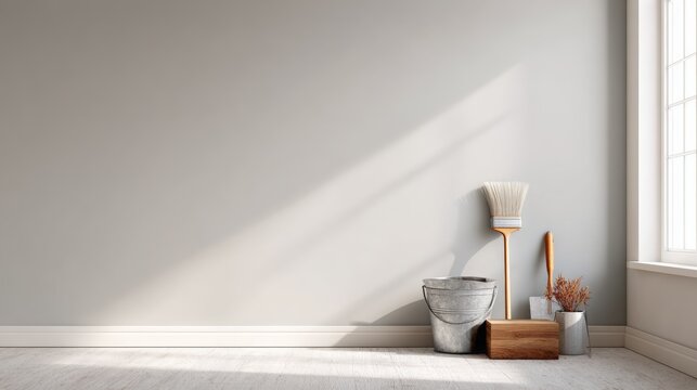 Cleaning and painting supplies &mdash; metal bucket, wooden brush, trowel and dried florals &mdash; arranged by a sunlit window against a blank wall for home refresh or renovation prep