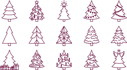 Obraz premium Assortment of Christmas trees in various styles, decorated and plain, with gifts and angel topper for holiday designs.