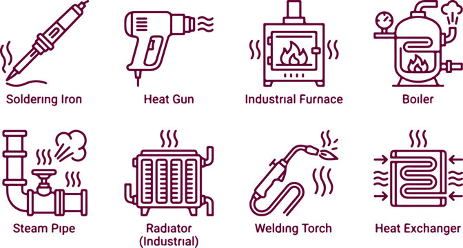 Set of eight industrial heating and processing equipment line art icons including soldering iron heat gun furnace boiler and welding torch isolated on transparent background vector.