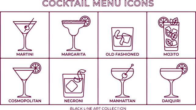 Cocktail menu icons set martini margarita old fashioned mojito cosmopolitan negroni manhattan daiquiri line art style isolated on transparent background vector.