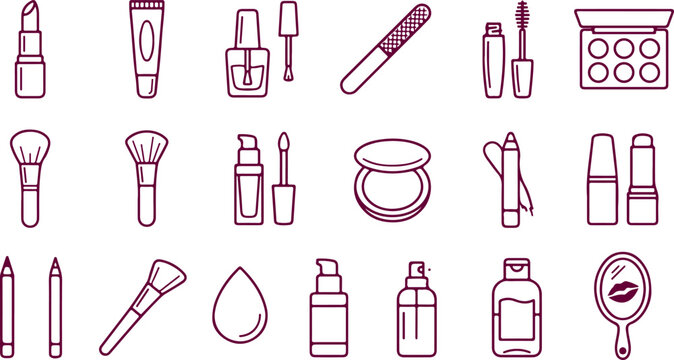 Various makeup products and accessories for beauty routines like lipstick foundation eyeshadow and nail polish for cosmetic application.