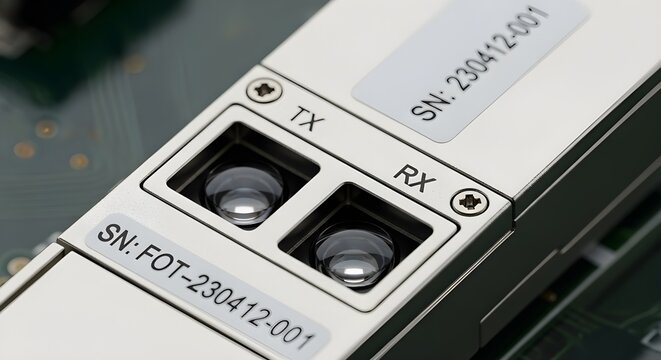 Close-up of a network interface module with fiber optic connectors