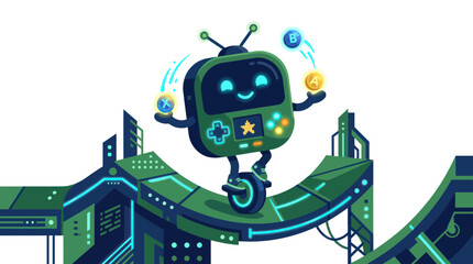 Robot Gamer Juggling Crypto Coins on Unicycle with Futuristic Background © nafal