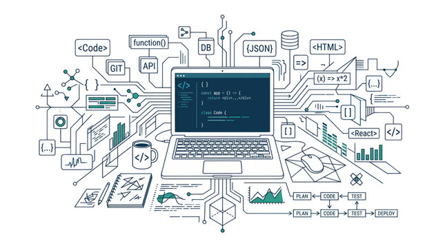 Digital Technology and Programming Concept with Laptop and Code Elements