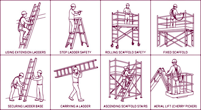 Construction safety guidelines showing correct use of ladders and scaffolding for safe working at height on building sites.