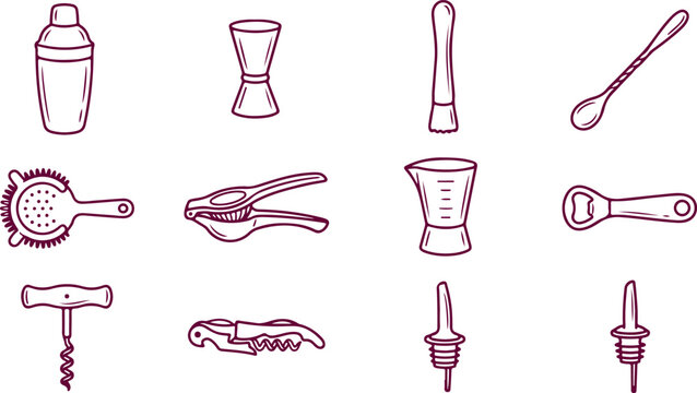 Essential bar tools for cocktail making including shaker jigger strainer muddler bar spoon opener corkscrew and pourers.