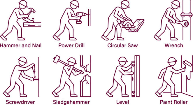 Construction worker using tools hammer power drill circular saw wrench screwdriver sledgehammer level and paint roller.