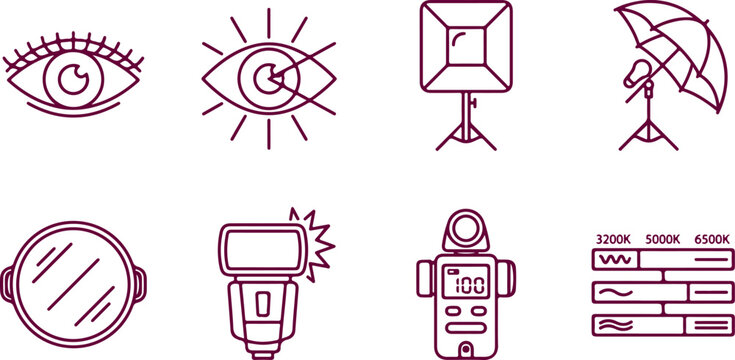 Set of line art illustrations for photography and lighting equipment for professional studio shoots and creative projects with light sources.