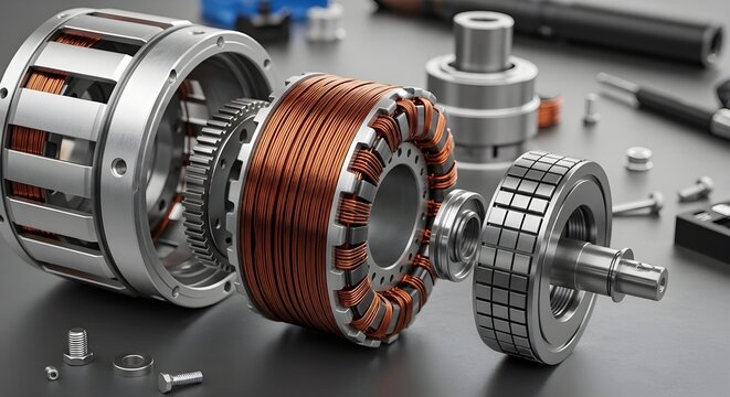 Close-up of automotive alternator parts with copper wire winding on metal engine component