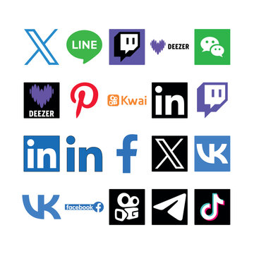 20 vector icons featuring: X, LINE, Twitch, Deezer, WeChat, Pinterest, Kwai, LinkedIn, Facebook, VK, Telegram, and TikTok. The set includes a mix of standalone logos, wordmarks, and square-tiled icons