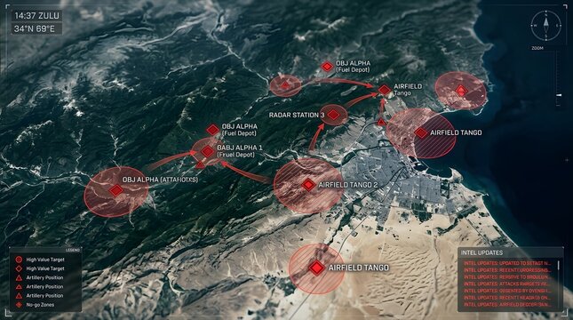 Digital tactical map display showing regional alerts and critical threat zones during a high-stakes emergency situation with tactical