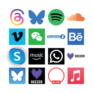 16 flat vector icons featuring Threads, Bluesky, Spotify, SoundCloud, Vimeo, WeChat, Facebook, Behance, Skype, Amazon Music, WhatsApp, Deezer, Live stream badge, and Apple Music