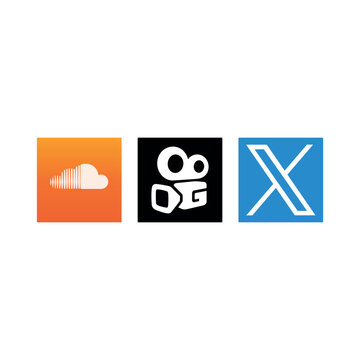 Row of three flat vector icons organized horizontally, featuring a mix of audio, video, and social media platforms. The set includes SoundCloud (white cloud with sound waves on an orange gradient 