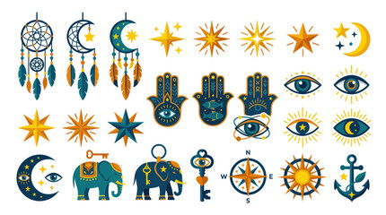 Bohemian Celestial Symbols: Dreamcatcher, Moon, Stars, Hamsa, Evil Eye, Elephant, Key © oval