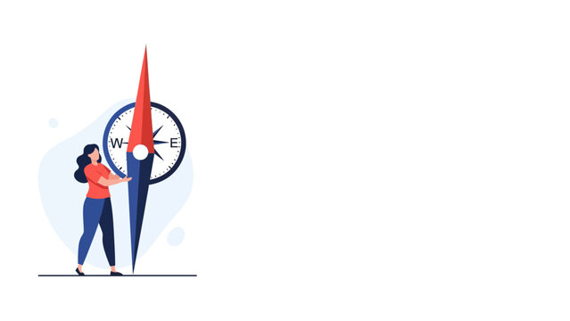 Strategic Business Direction woman holding a large compass needle on a white background with copy space ideal for corporate presentations and career coaching.