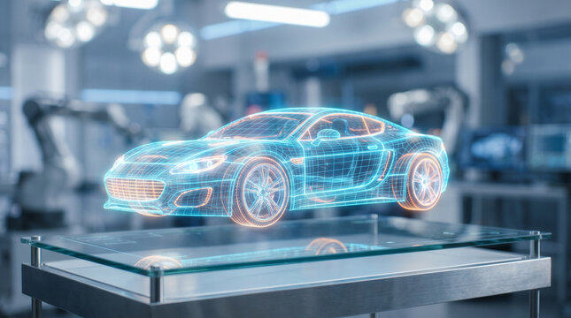  Holographic digital twin projection of a modern sports electric vehicle in a high-tech robotic testing facility. Industry 4.0 smart manufacturing, automotive engineering and B2B concept. Generative A