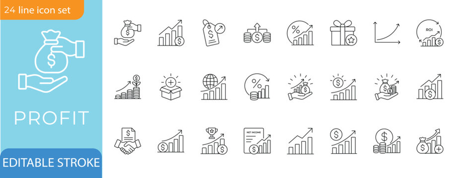 Profit line icon set. Growth, Income, and ROI Professional editable vector illustration