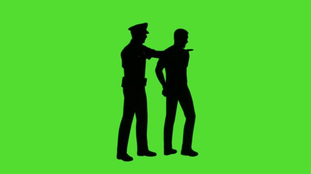 silhouette of a police officer arresting and escorting a handcuffed suspect on green screen background