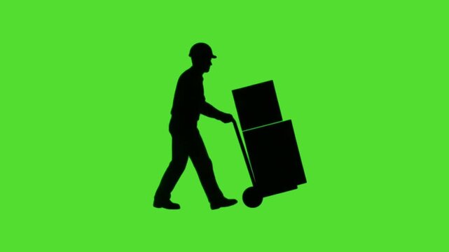  silhouette of a delivery man walking and pushing a hand truck with cardboard boxes on green screen background