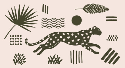 Cheetah running in minimalist jungle, geometric shapes background, wildlife concept © Professor