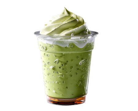 Green Tea Smoothie Delight: A refreshing green tea smoothie, topped with whipped cream, sits in a clear plastic cup, inviting you to savor its cool, creamy texture and vibrant flavor.