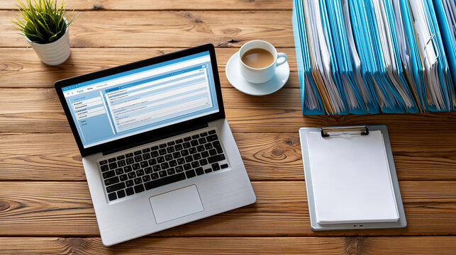 Overhead flat lay of a laptop displaying a document scanning interface beside neatly organized paper files, document digitization concept, hybrid office workflow photography,