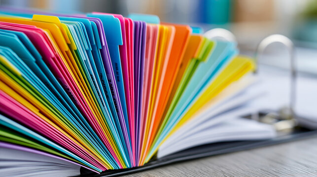 Close-up of colorful tabbed file dividers and labeled document sections inside an open binder, office organization system concept, document categorization photography,