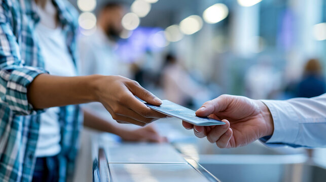 Close-up of unrecognizable hands presenting a passport at an immigration desk under soft terminal lighting, travel document verification concept, border control photography,