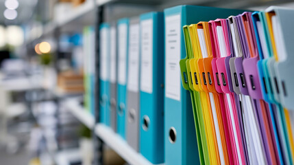 Obraz premium Close-up of categorized document binders and color-coded file dividers arranged on a corporate shelving unit, professional records storage concept, archive organization