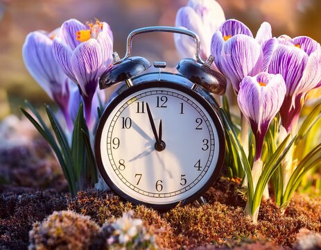 alarm clock among blooming crocuses spring forward concept spring time change first spring flowers daylight saving time daylight savings lose an hour