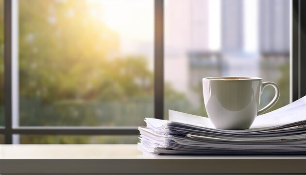 coffee cup and stack of papers on office desk with window view