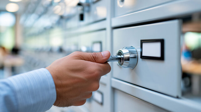Close-up of an unrecognizable hand locking a secure document storage cabinet in a corporate office, confidential record protection concept, physical document security photography,
