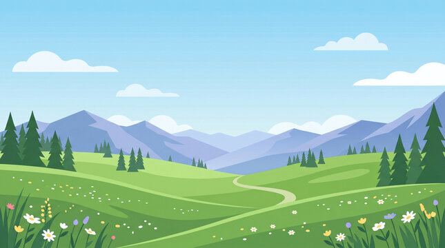 夏の高原に広がる草原と遠くの山並みを描いたベクターイラスト。
青空と緑のコントラストが爽やかな季節感を演出。
旅行、観光、自然保護、環境テーマに適した背景素材。