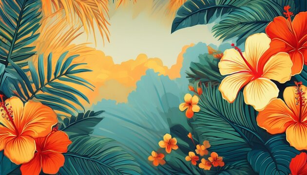 hibiscus flowers and palm leaves create a lively summer scene