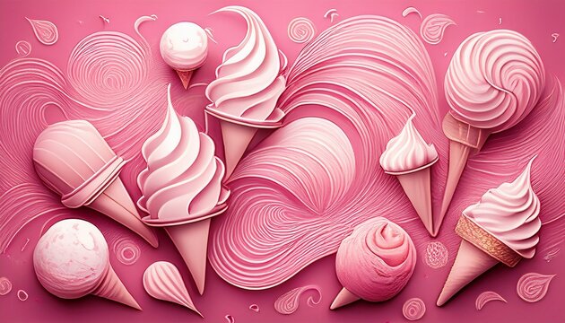 ice cream designs cover a pink background with white lines swooping scoops cones and popsicles fill the space perfect for wrappers and plates