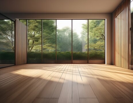 empty room of modern contemporary loft with wooden floor and large windows to garden copy space generative ai