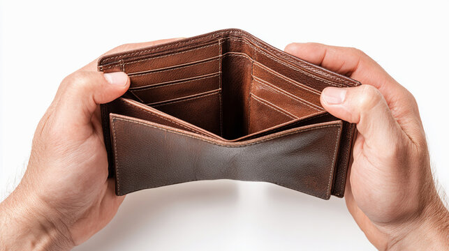 Closeup of a person holding an empty brown leather wallet isolated on white background