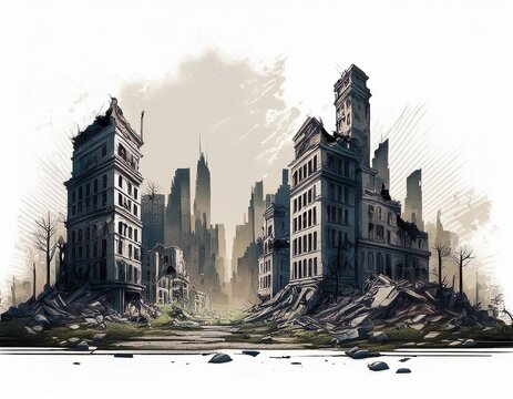 destroyed cityscape ruin buildings on white background