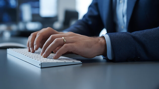 Professional businessman hands typing on computer keyboard, corporate executive working at office desk, male employee using wireless keypad for data entry