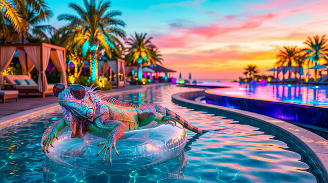 A bright neon iguana wearing sunglasses chills on a clear swim ring floating in a winding luxury resort pool during a tropical sunset, relaxing summer vacation, exotic holiday layout.