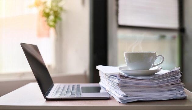 coffee cup on stack of papers next to laptop in modern office