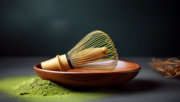 closeup of matcha tea powder in a wooden plate with whisk on dark background side view copy space generative ai
