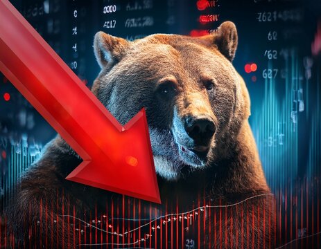 bear market concept with stock chart digital numbers crisis red price drop arrow down chart fall