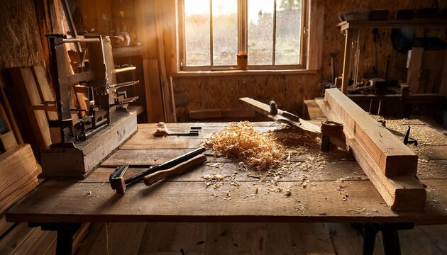 rustic woodworking shop with tools and shavings in warm light