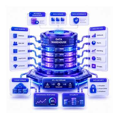 3D Enterprise Data Warehouse Platform with Connected Databases, Cloud Storage and Analytics Infrastructure
