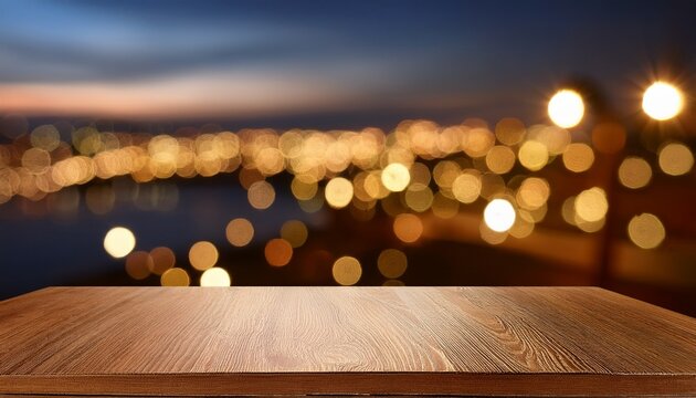 table top view of beside table or nightstand on blurred cozy night ambiance at hotel room with bokeh background empty wooden table for product display and customization